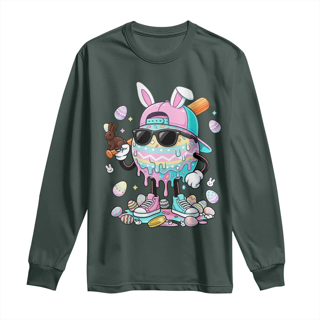 Funny Baseball Easter Long Sleeve Shirt Drip Ice Cream Bunny Easter TS14 Dark Forest Green Print Your Wear