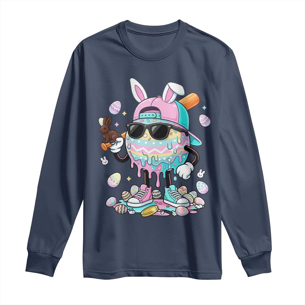Funny Baseball Easter Long Sleeve Shirt Drip Ice Cream Bunny Easter TS14 Navy Print Your Wear