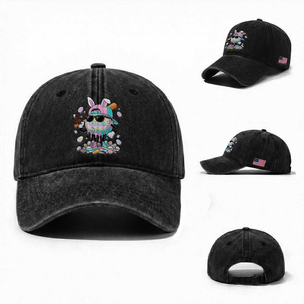 Funny Baseball Easter Washed Cotton Baseball Cap Drip Ice Cream Bunny Easter TS14 Washed Cap Universal Fit Black Print Your Wear