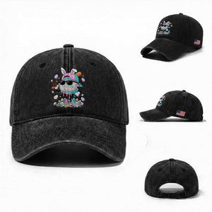Funny Baseball Easter Washed Cotton Baseball Cap Drip Ice Cream Bunny Easter TS14 Washed Cap Universal Fit Black Print Your Wear