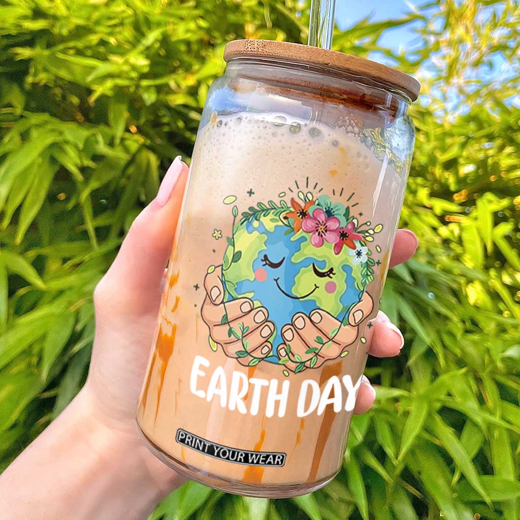 Cute Earth with Floral Earth Day Glass Can TS14 Black Print Your Wear
