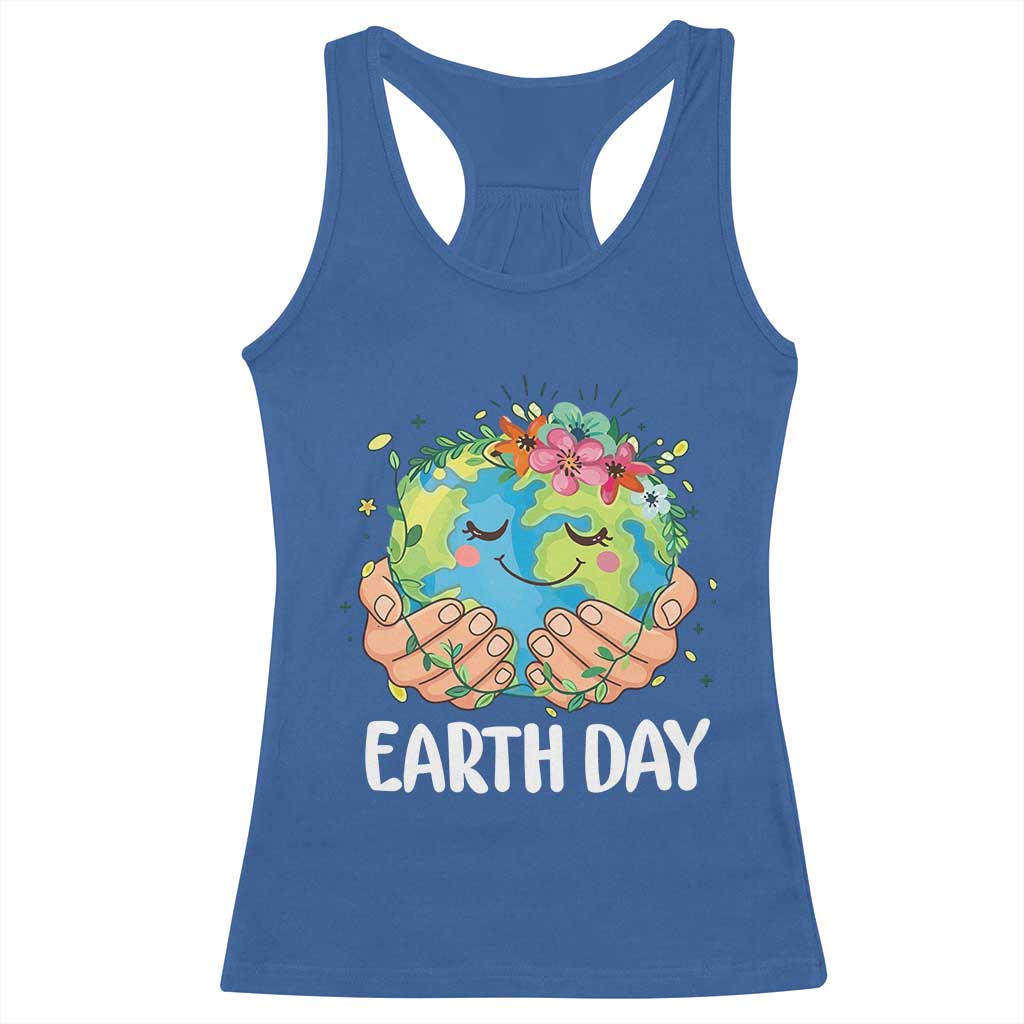 Cute Earth with Floral Earth Day Racerback Tank Top TS14 Royal Blue Print Your Wear
