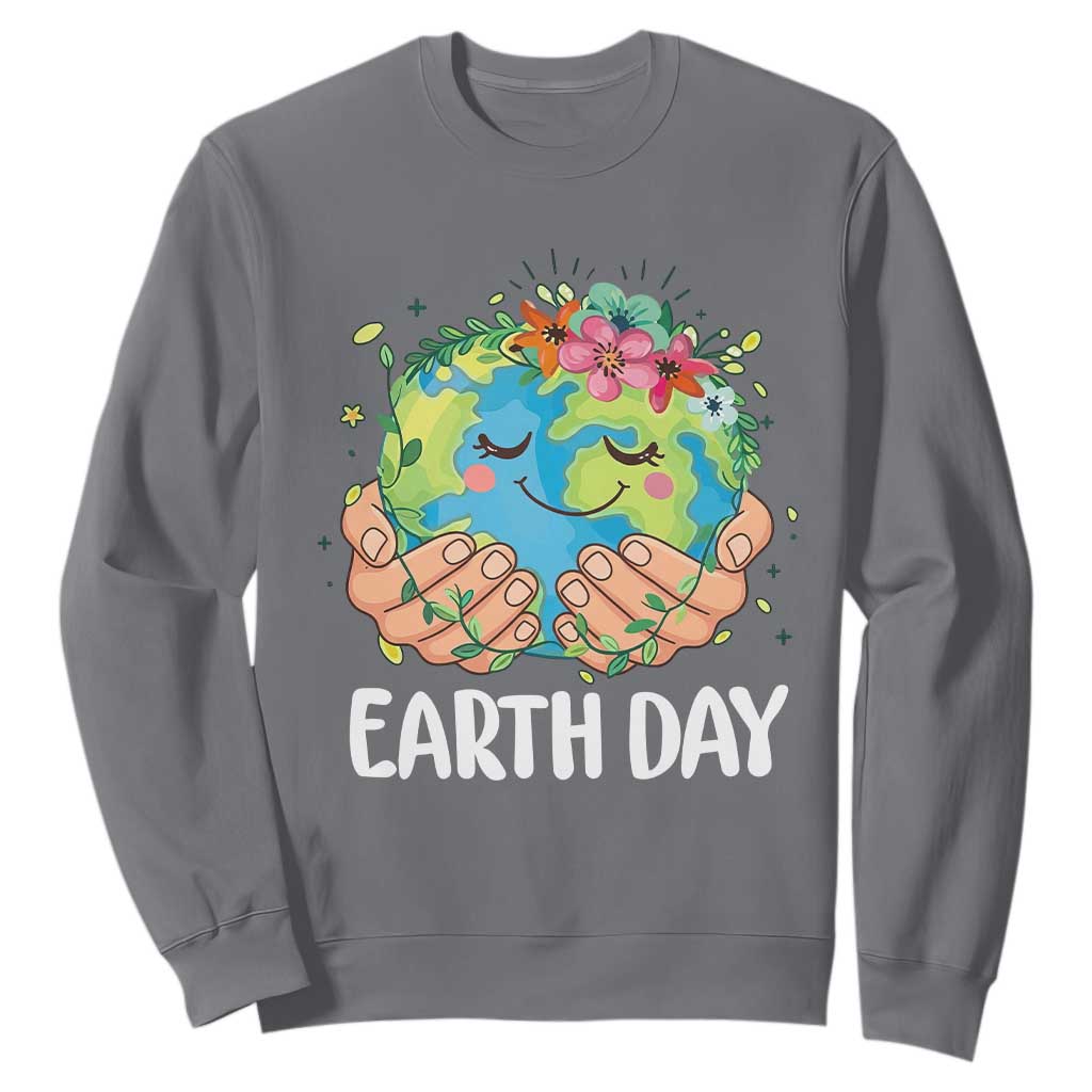 Cute Earth with Floral Earth Day Sweatshirt TS14 Charcoal Print Your Wear