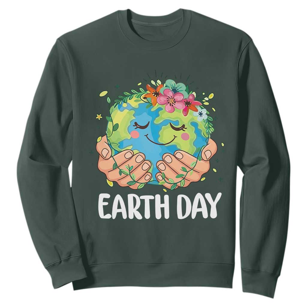 Cute Earth with Floral Earth Day Sweatshirt TS14 Dark Forest Green Print Your Wear