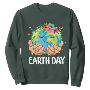 Cute Earth with Floral Earth Day Sweatshirt TS14 Dark Forest Green Print Your Wear