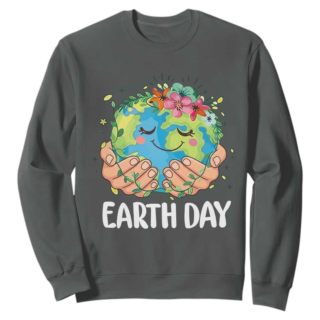 Cute Earth with Floral Earth Day Sweatshirt TS14 Dark Heather Print Your Wear
