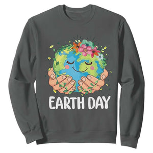 Cute Earth with Floral Earth Day Sweatshirt TS14 Dark Heather Print Your Wear