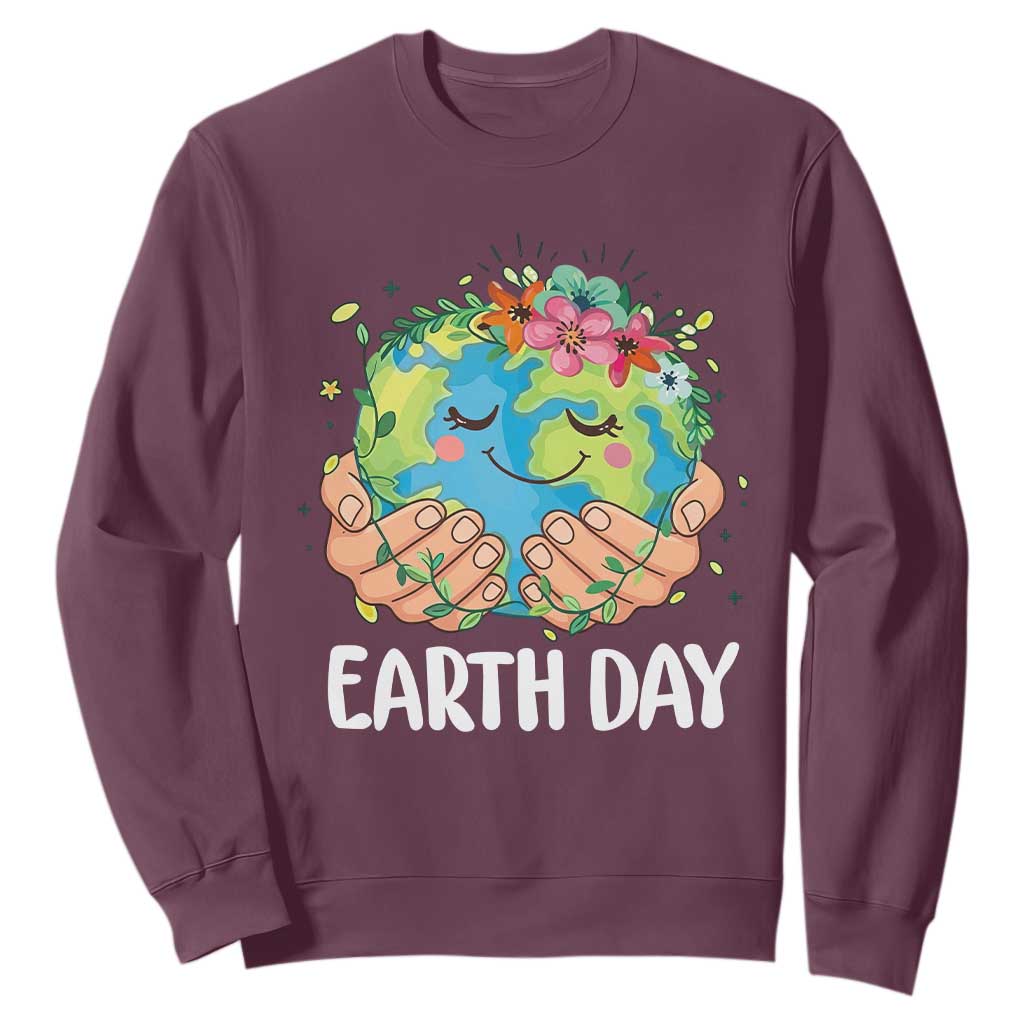 Cute Earth with Floral Earth Day Sweatshirt TS14 Maroon Print Your Wear