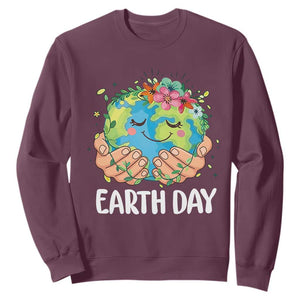 Cute Earth with Floral Earth Day Sweatshirt TS14 Maroon Print Your Wear