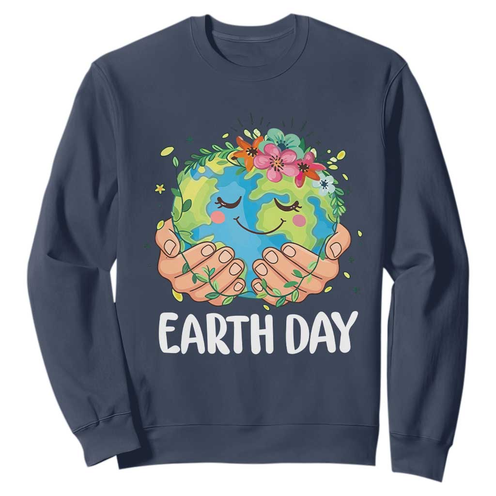 Cute Earth with Floral Earth Day Sweatshirt TS14 Navy Print Your Wear