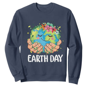 Cute Earth with Floral Earth Day Sweatshirt TS14 Navy Print Your Wear