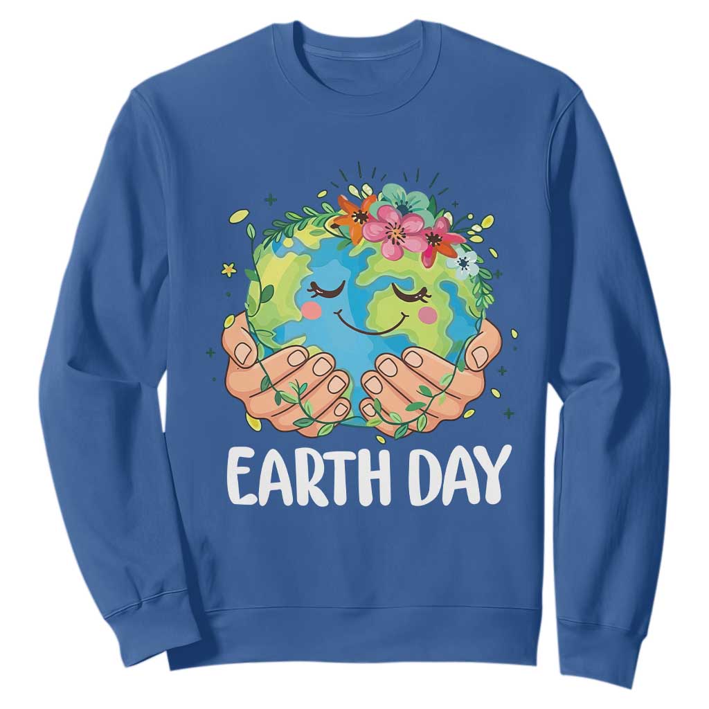 Cute Earth with Floral Earth Day Sweatshirt TS14 Royal Blue Print Your Wear