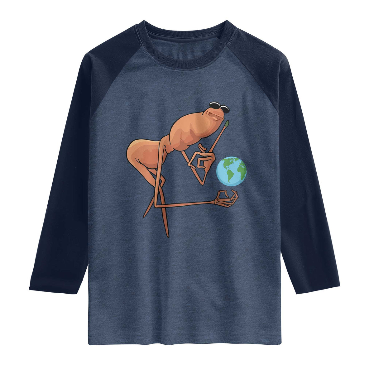 Happy Earth Day Raglan Shirt Funny Marcus The Worm Eco Friendly TS14 Heather Denim Navy Print Your Wear