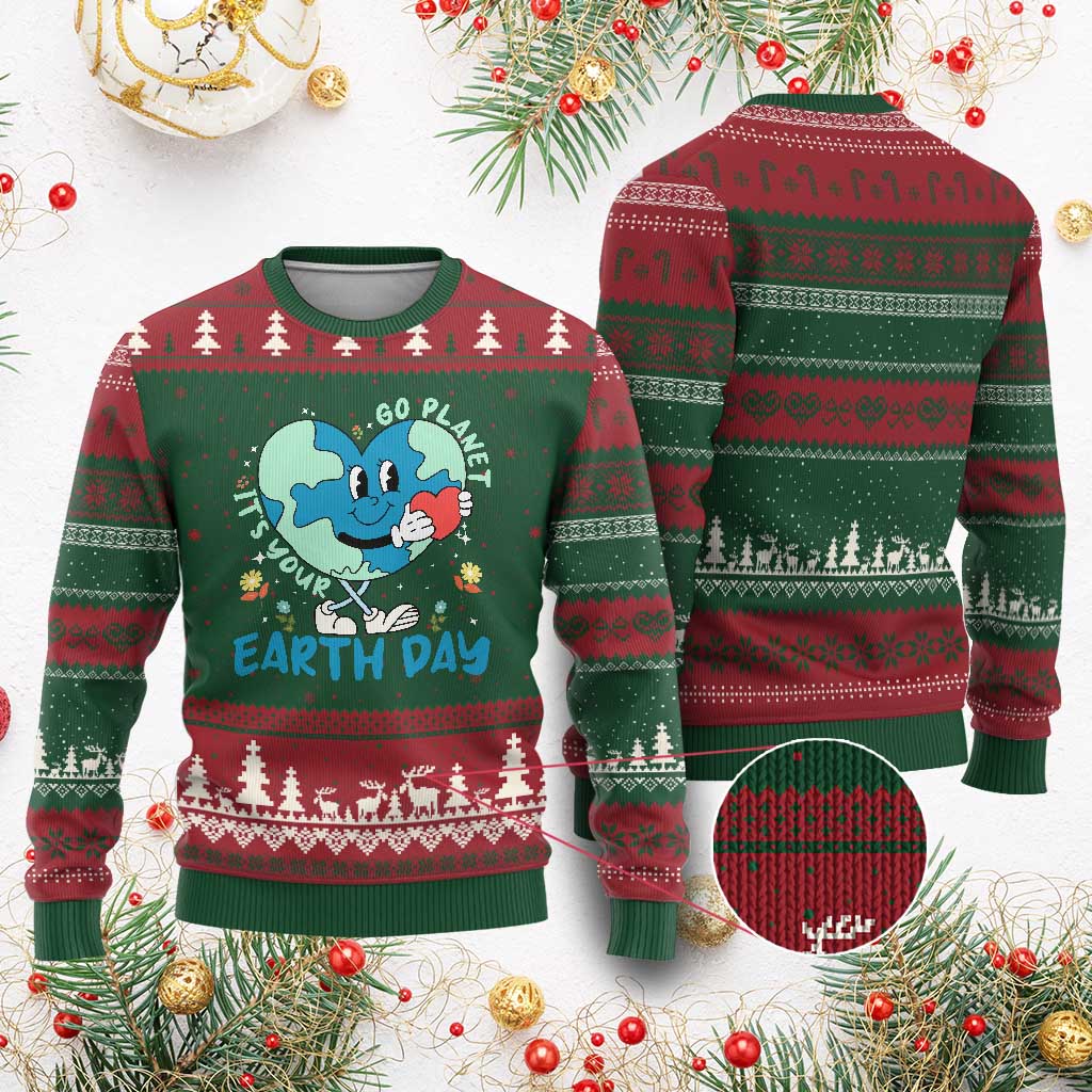 Go Planet It's Your Earth Day Ugly Christmas Sweater Cute Nature Lover Heart Earth TS14 Red Green Print Your Wear