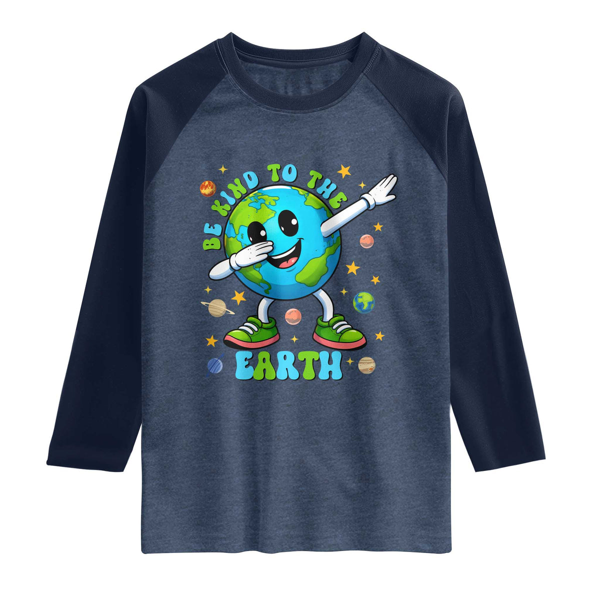 Be Kind To The Earth Raglan Shirt Cute Environmental Awareness Earth Day TS14 Heather Denim Navy Print Your Wear
