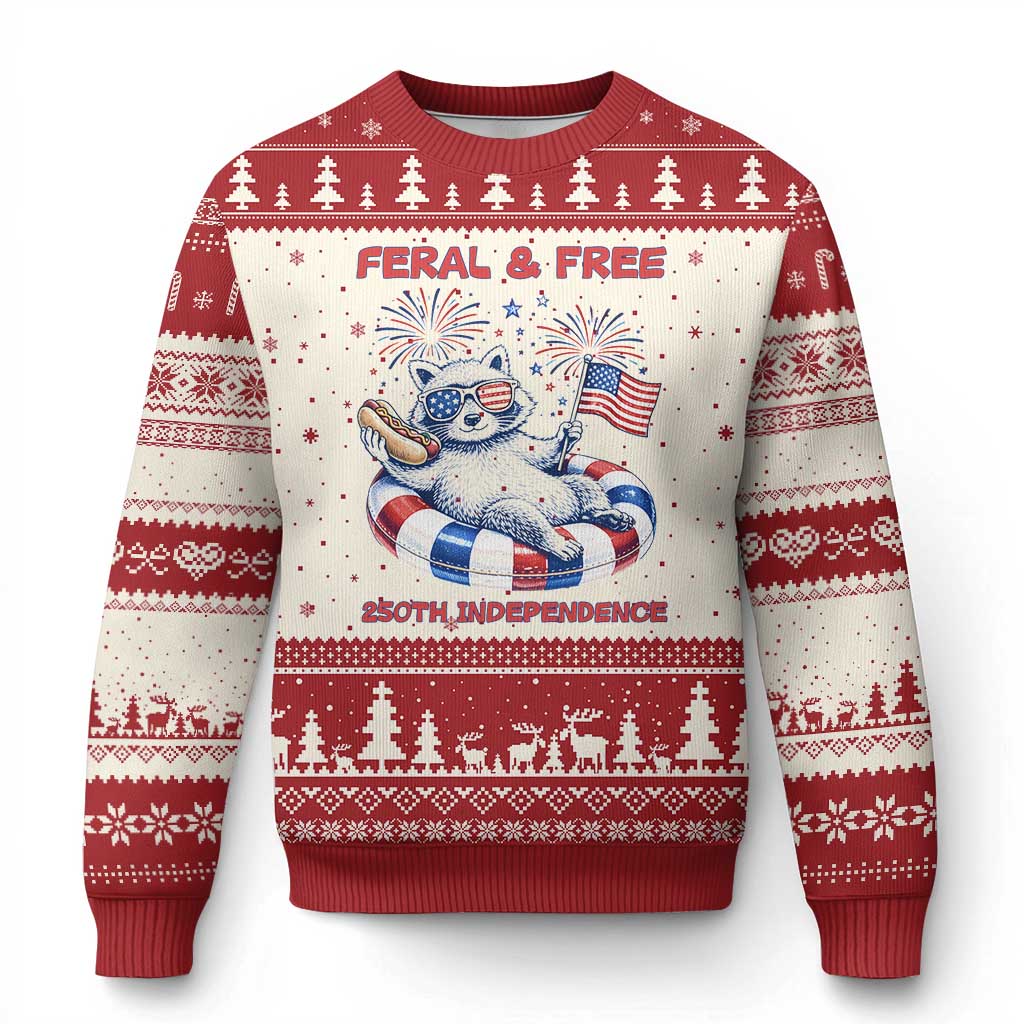 Feral and Free Funny Raccoon 4th of July Ugly Christmas Sweater 250 Years Of Freedom TS14 Beige Red Print Your Wear