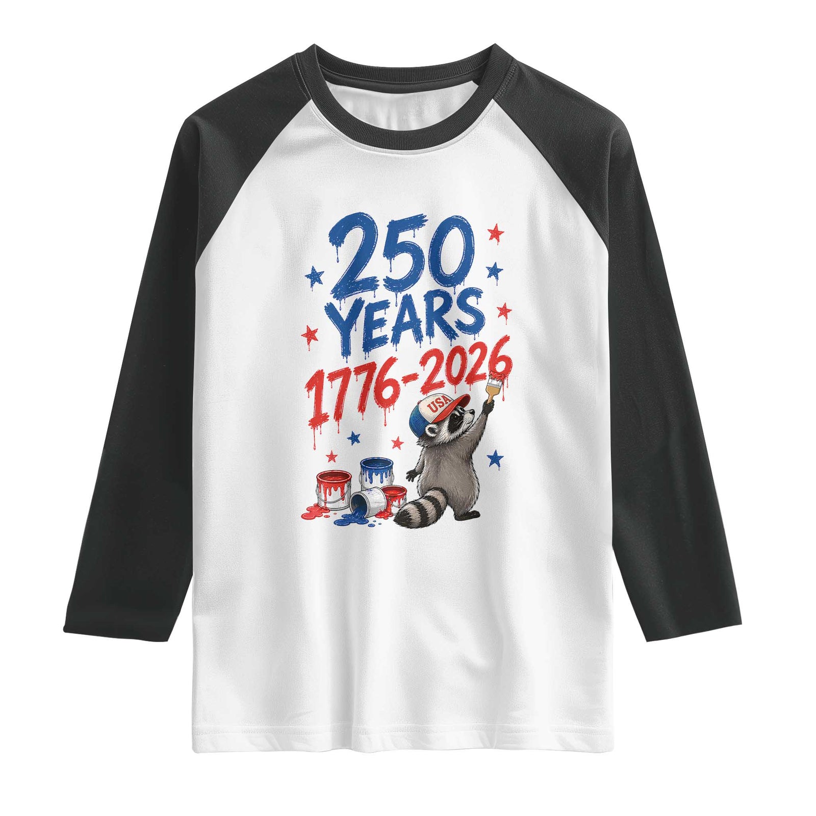 250th Anniversary USA Raglan Shirt Patriotic Raccoon American Flag 4th of July TS14 White Black Print Your Wear