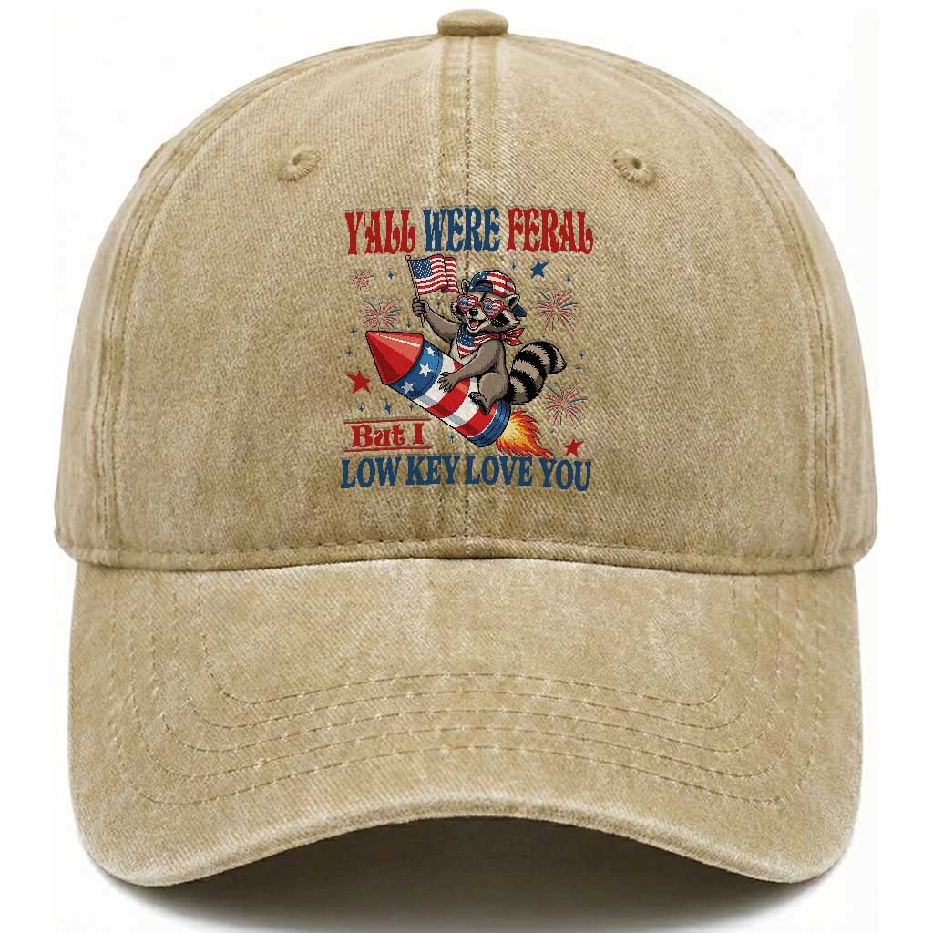 Y'all were Feral But I Low Key Love You Washed Cotton Baseball Cap Raccoon Cute Teacher 4th of July TS14 Print Your Wear
