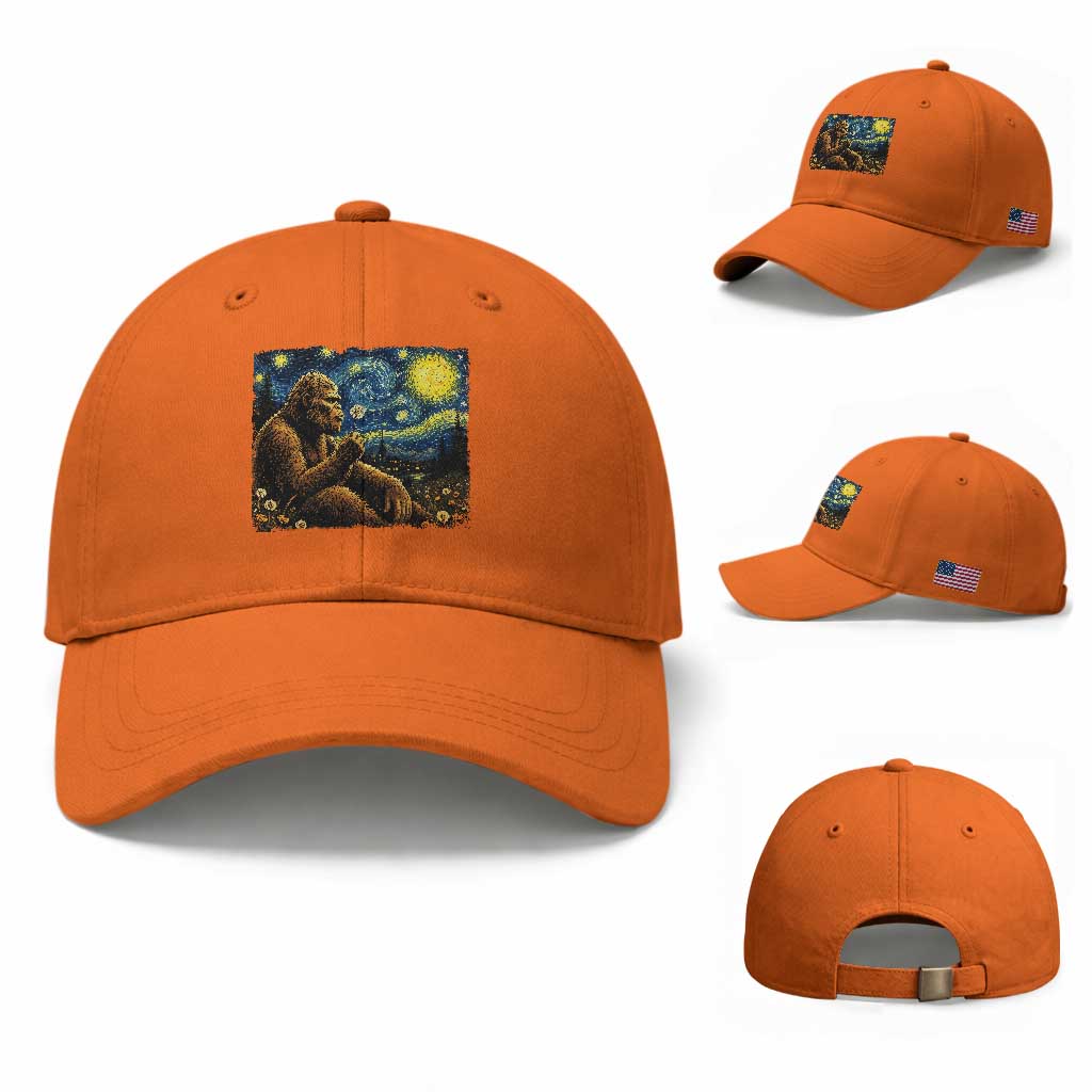 Bigfoot Blowing Dandelion Starry Night Baseball Cap Cryptid Mythical Creature National Park Monster Gift TS14 Baseball Cap Universal Fit Orange Print Your Wear