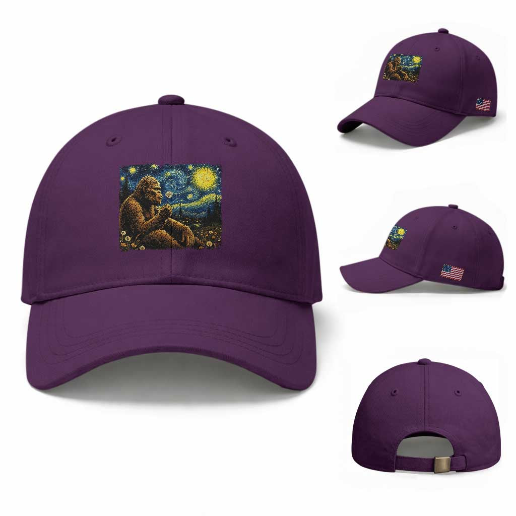 Bigfoot Blowing Dandelion Starry Night Baseball Cap Cryptid Mythical Creature National Park Monster Gift TS14 Baseball Cap Universal Fit Purple Print Your Wear