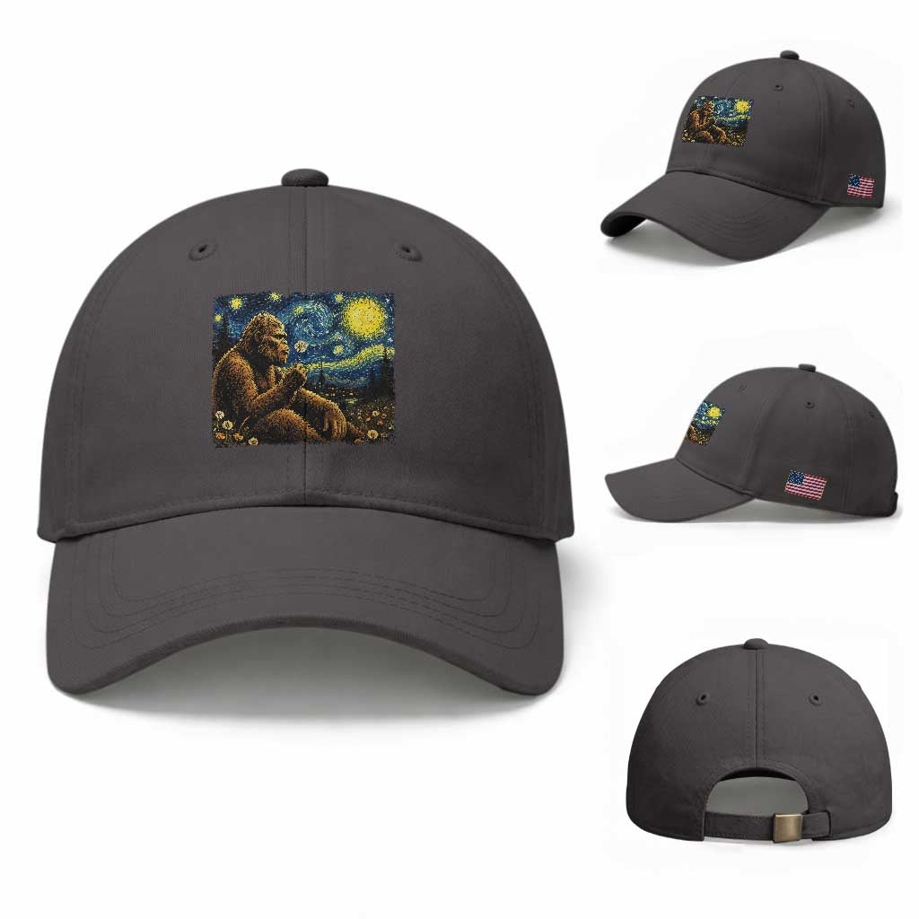 Bigfoot Blowing Dandelion Starry Night Baseball Cap Cryptid Mythical Creature National Park Monster Gift TS14 Baseball Cap Universal Fit Dark Gray Print Your Wear