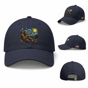 Bigfoot Blowing Dandelion Starry Night Baseball Cap Cryptid Mythical Creature National Park Monster Gift TS14 Baseball Cap Universal Fit Navy Print Your Wear