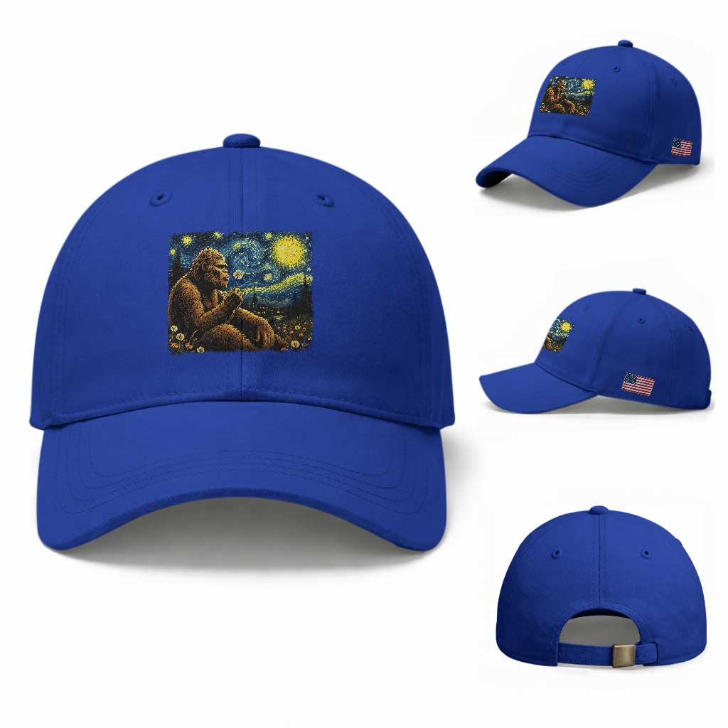 Bigfoot Blowing Dandelion Starry Night Baseball Cap Cryptid Mythical Creature National Park Monster Gift TS14 Baseball Cap Universal Fit Royal Blue Print Your Wear
