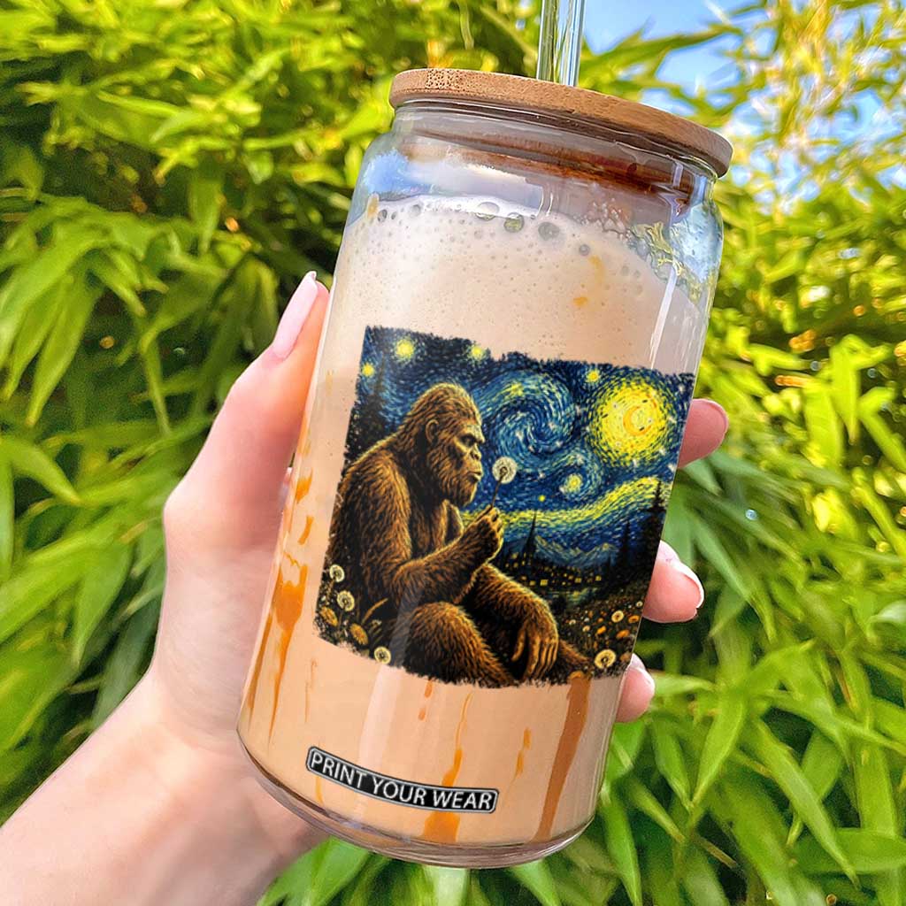 Bigfoot Blowing Dandelion Starry Night Glass Can Cryptid Mythical Creature National Park Monster Gift TS14 Black Print Your Wear