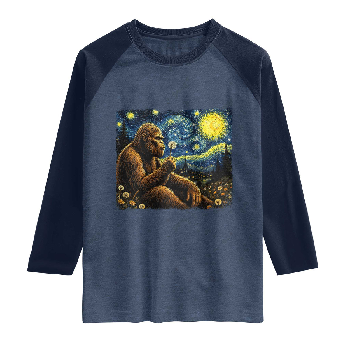 Bigfoot Blowing Dandelion Starry Night Raglan Shirt Cryptid Mythical Creature National Park Monster Gift TS14 Heather Denim Navy Print Your Wear