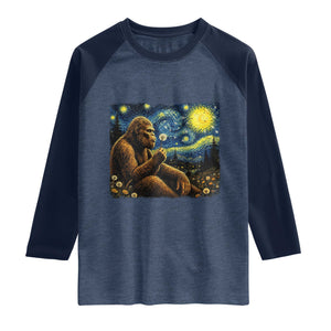 Bigfoot Blowing Dandelion Starry Night Raglan Shirt Cryptid Mythical Creature National Park Monster Gift TS14 Heather Denim Navy Print Your Wear