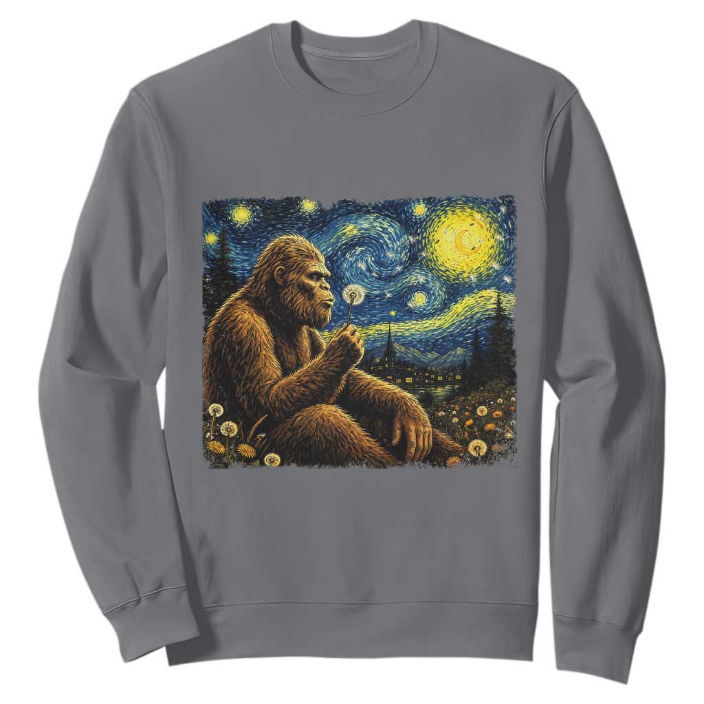 Bigfoot Blowing Dandelion Starry Night Sweatshirt Cryptid Mythical Creature National Park Monster Gift TS14 Charcoal Print Your Wear