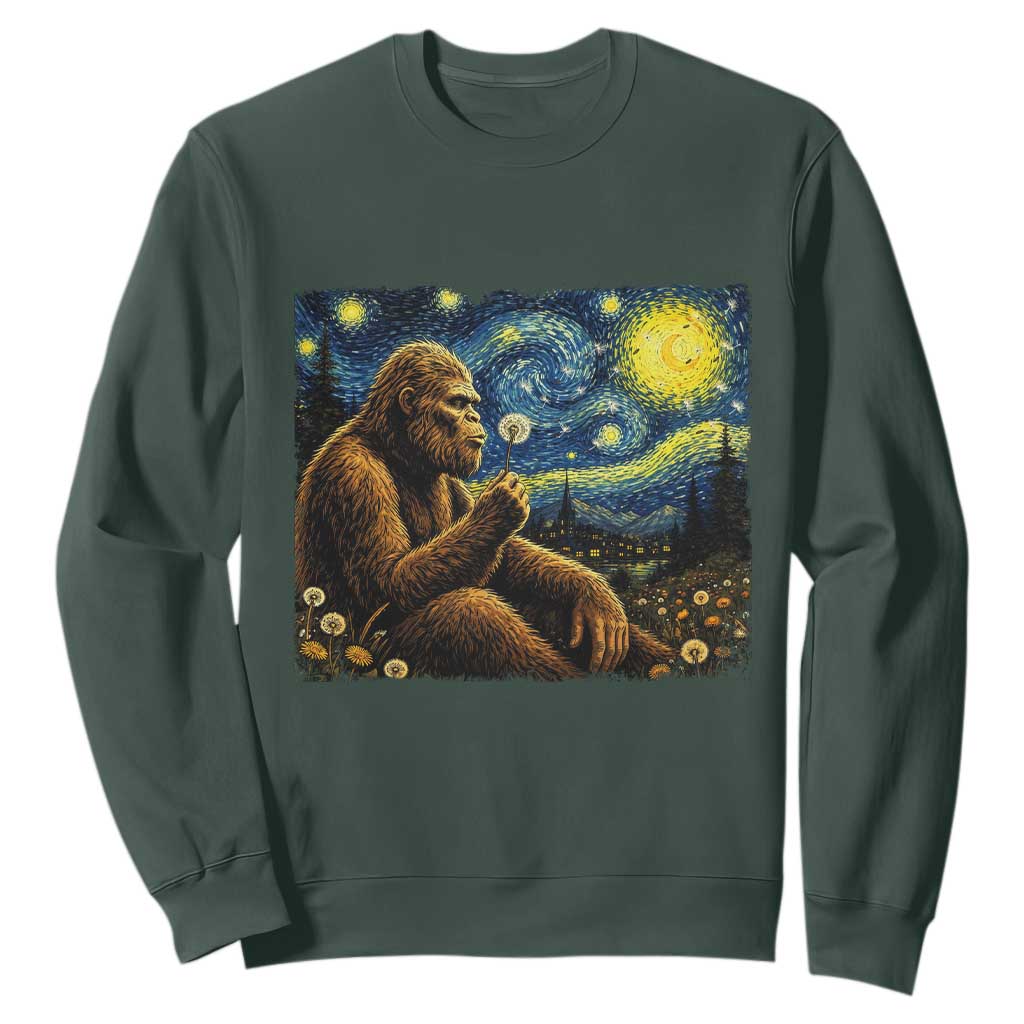 Bigfoot Blowing Dandelion Starry Night Sweatshirt Cryptid Mythical Creature National Park Monster Gift TS14 Dark Forest Green Print Your Wear