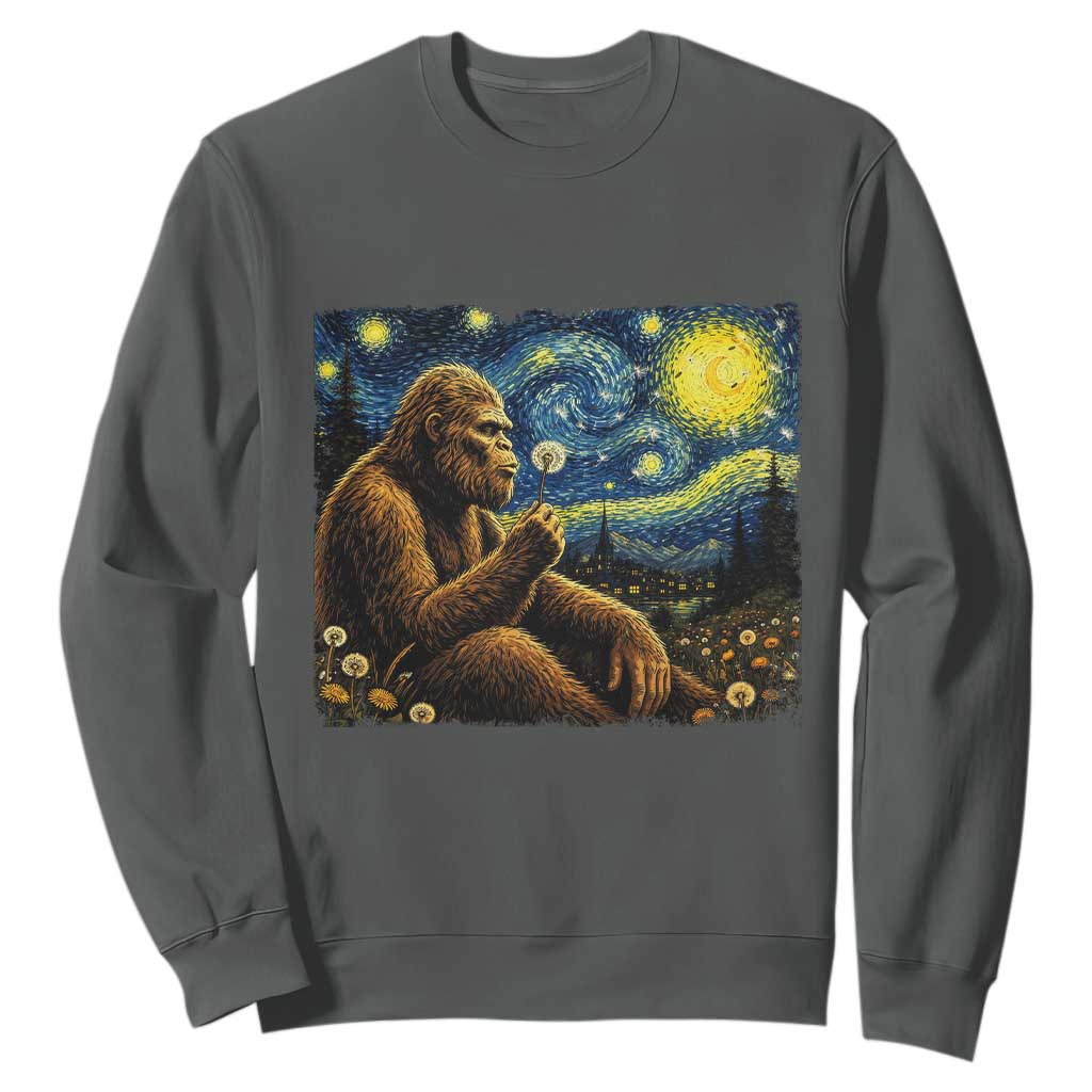 Bigfoot Blowing Dandelion Starry Night Sweatshirt Cryptid Mythical Creature National Park Monster Gift TS14 Dark Heather Print Your Wear