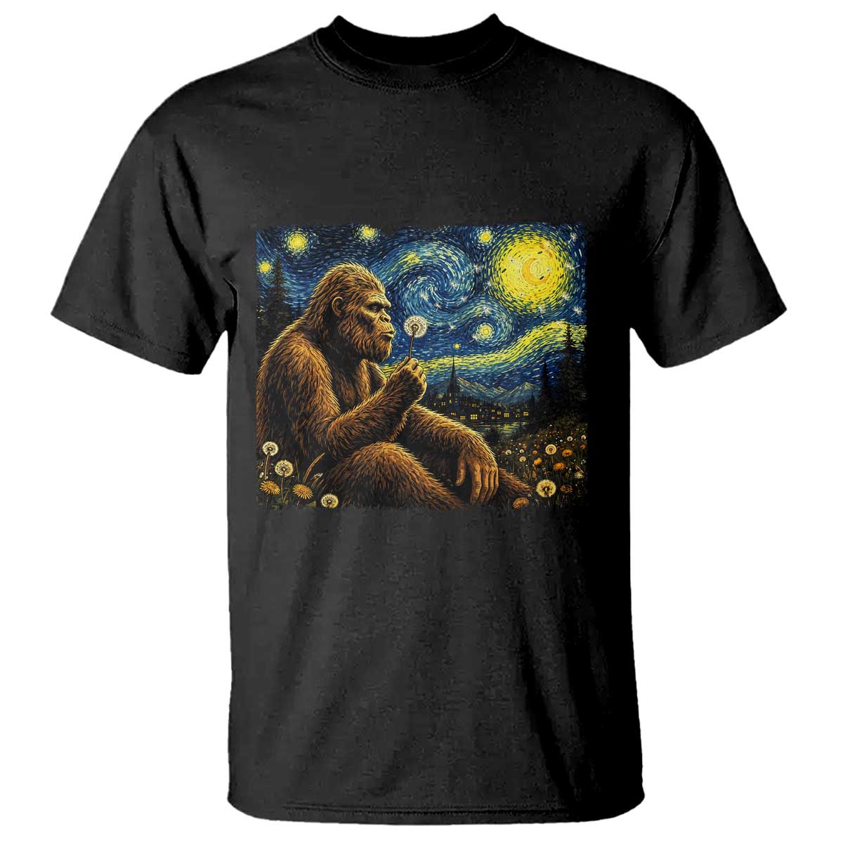 Bigfoot Blowing Dandelion Starry Night T Shirt Cryptid Mythical Creature National Park Monster Gift TS14 Black Print Your Wear