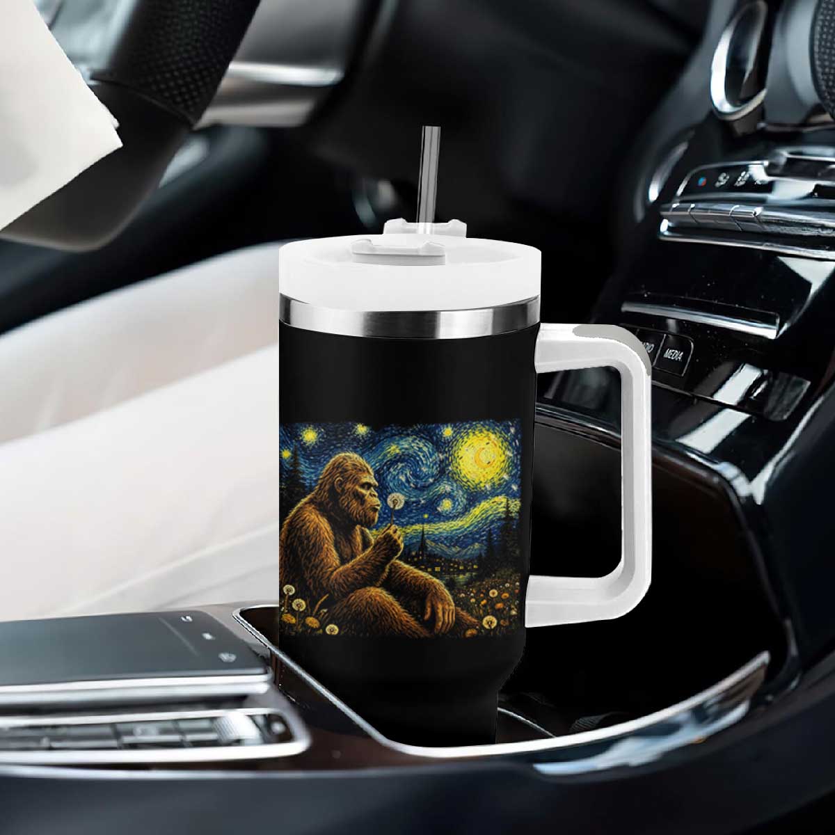 Bigfoot Blowing Dandelion Starry Night Tumbler With Handle Cryptid Mythical Creature National Park Monster Gift TS14 Print Your Wear