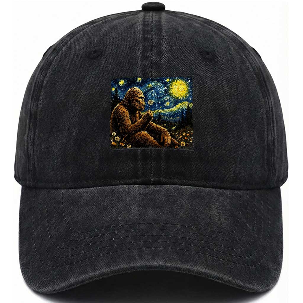 Bigfoot Blowing Dandelion Starry Night Washed Cotton Baseball Cap Cryptid Mythical Creature National Park Monster Gift TS14 Print Your Wear