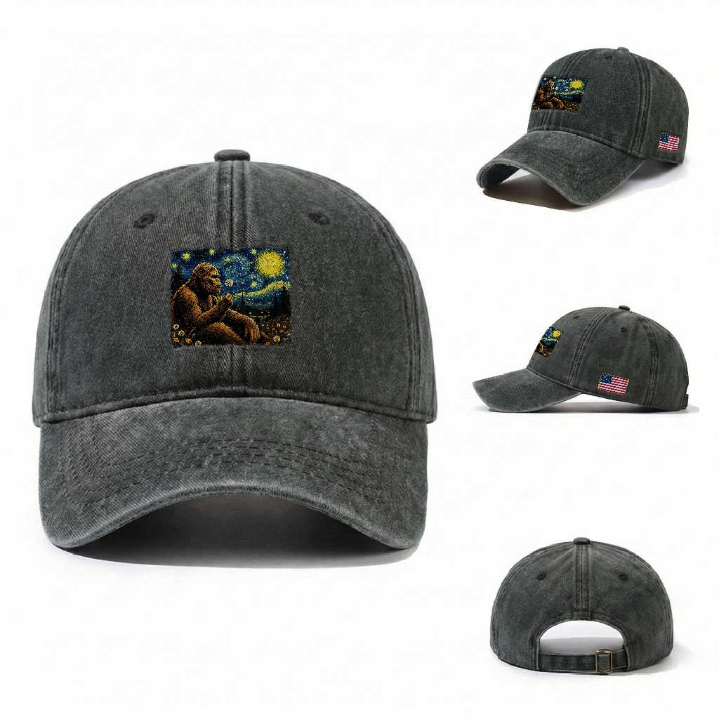 Bigfoot Blowing Dandelion Starry Night Washed Cotton Baseball Cap Cryptid Mythical Creature National Park Monster Gift TS14 Washed Cap Universal Fit Dark Green Print Your Wear