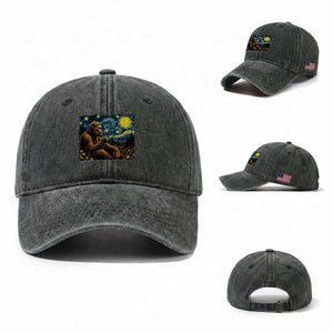 Bigfoot Blowing Dandelion Starry Night Washed Cotton Baseball Cap Cryptid Mythical Creature National Park Monster Gift TS14 Washed Cap Universal Fit Dark Green Print Your Wear