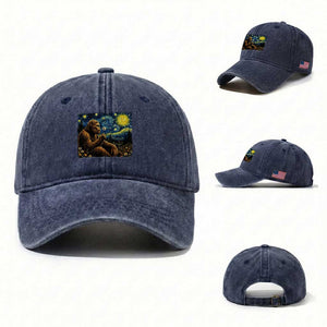 Bigfoot Blowing Dandelion Starry Night Washed Cotton Baseball Cap Cryptid Mythical Creature National Park Monster Gift TS14 Washed Cap Universal Fit Navy Print Your Wear
