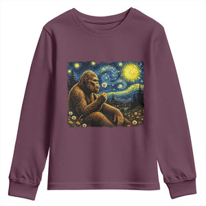Bigfoot Blowing Dandelion Starry Night Youth Sweatshirt Cryptid Mythical Creature National Park Monster Gift TS14 Maroon Print Your Wear