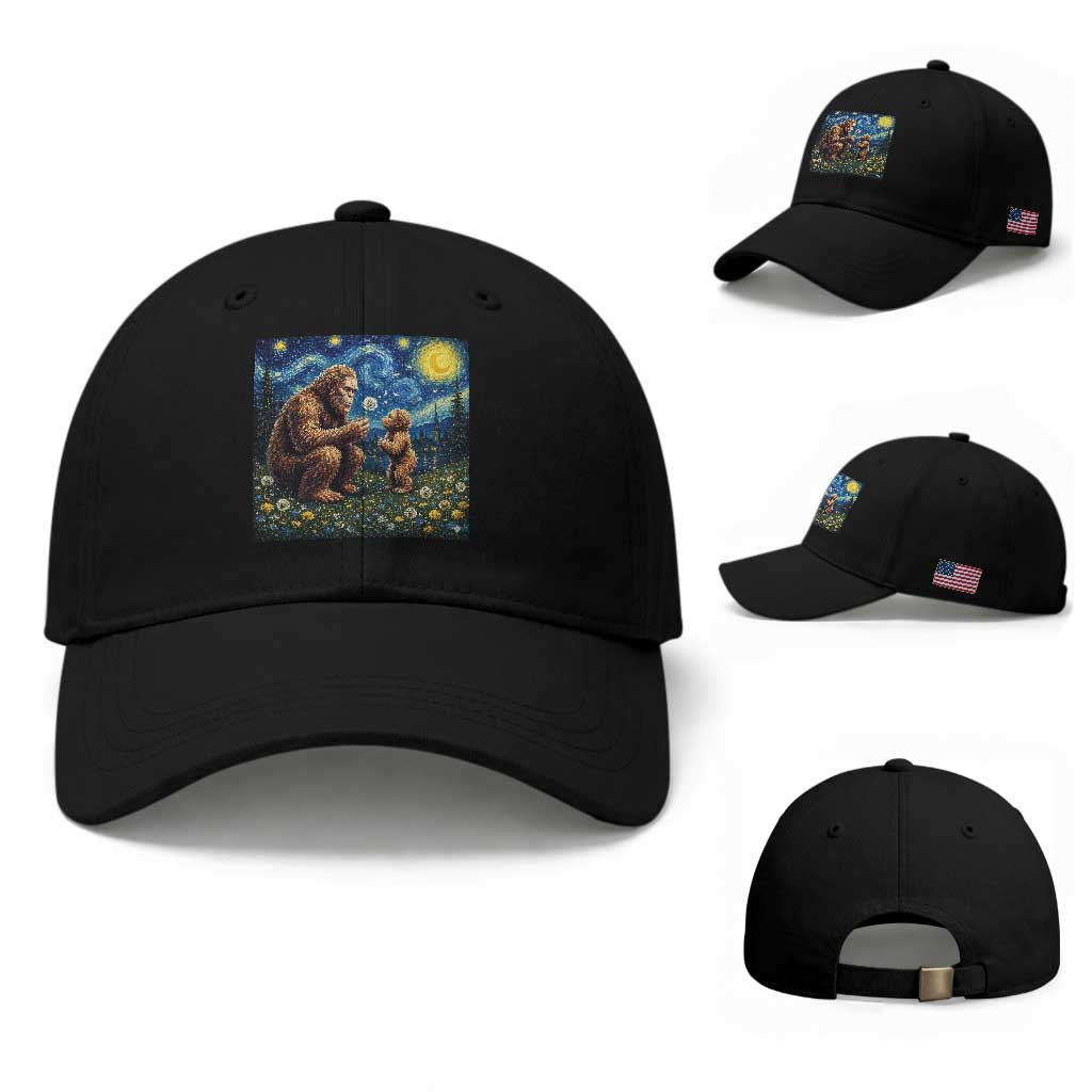 Bigfoot Blowing Dandelion Starry Night Baseball Cap Sasquatch Dad Fathers Day Father Son Matching TS14 Baseball Cap Universal Fit Black Print Your Wear