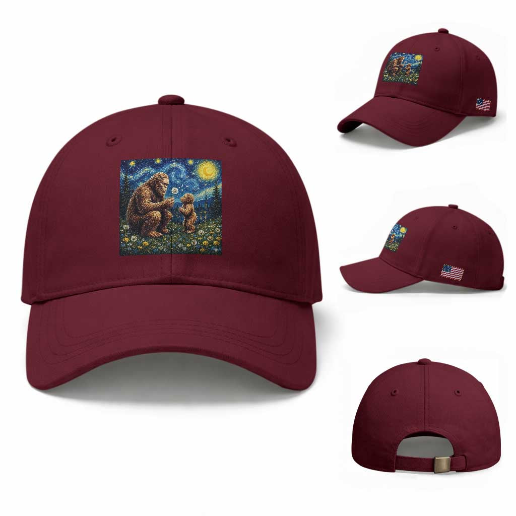 Bigfoot Blowing Dandelion Starry Night Baseball Cap Sasquatch Dad Fathers Day Father Son Matching TS14 Baseball Cap Universal Fit Maroon Print Your Wear