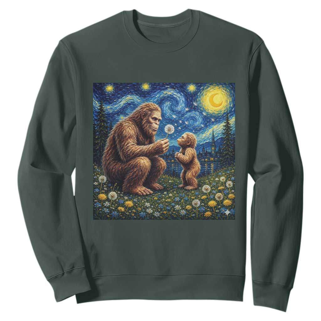 Bigfoot Blowing Dandelion Starry Night Sweatshirt Sasquatch Dad Fathers Day Father Son Matching TS14 Dark Forest Green Print Your Wear