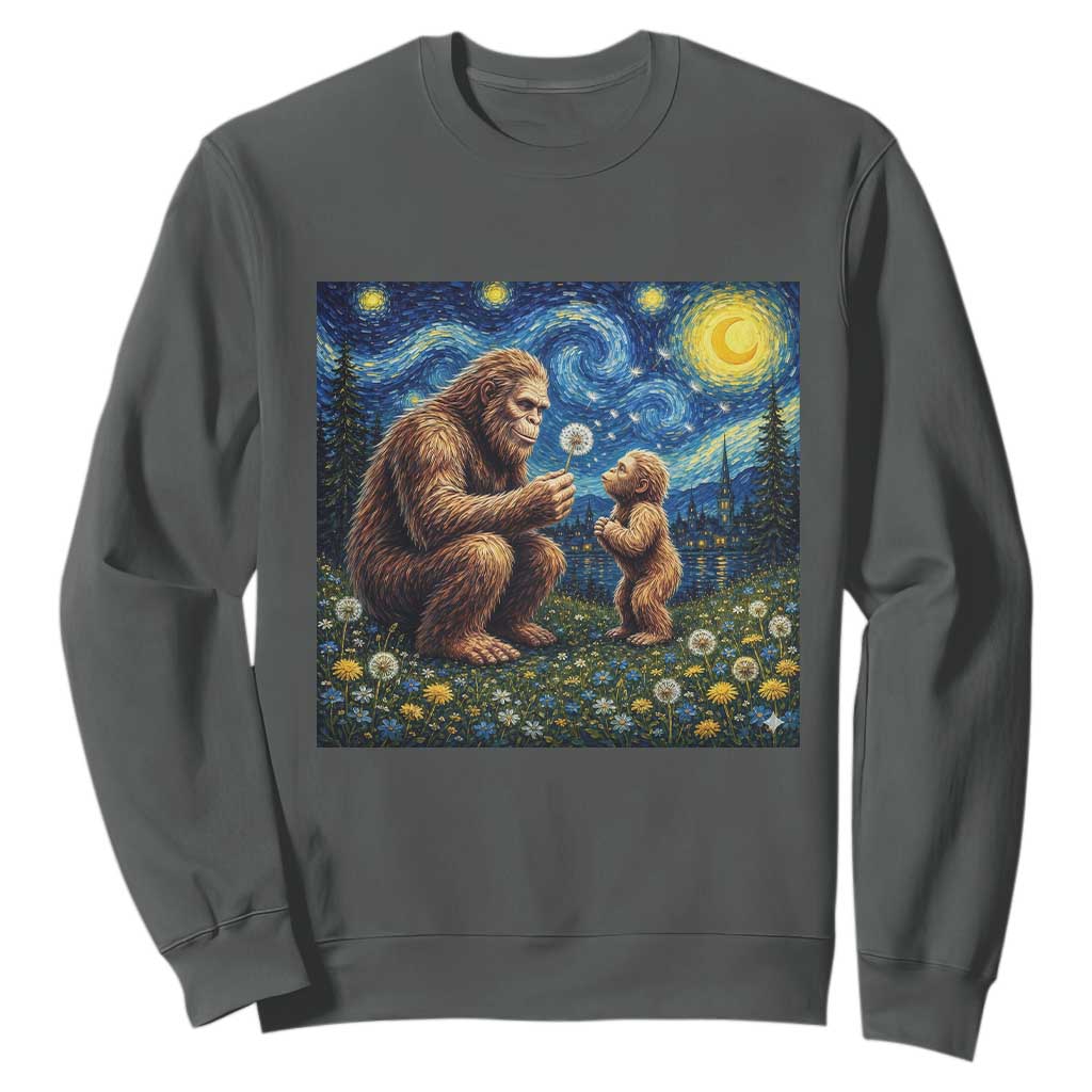 Bigfoot Blowing Dandelion Starry Night Sweatshirt Sasquatch Dad Fathers Day Father Son Matching TS14 Dark Heather Print Your Wear