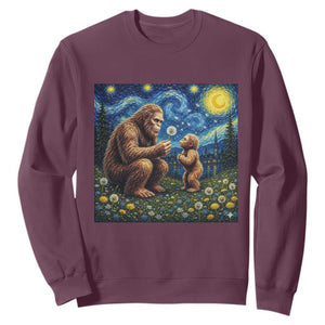Bigfoot Blowing Dandelion Starry Night Sweatshirt Sasquatch Dad Fathers Day Father Son Matching TS14 Maroon Print Your Wear