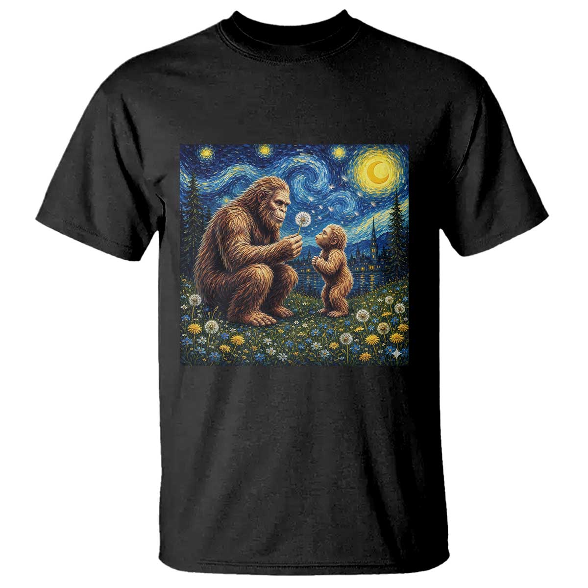 Bigfoot Blowing Dandelion Starry Night T Shirt Sasquatch Dad Fathers Day Father Son Matching TS14 Black Print Your Wear