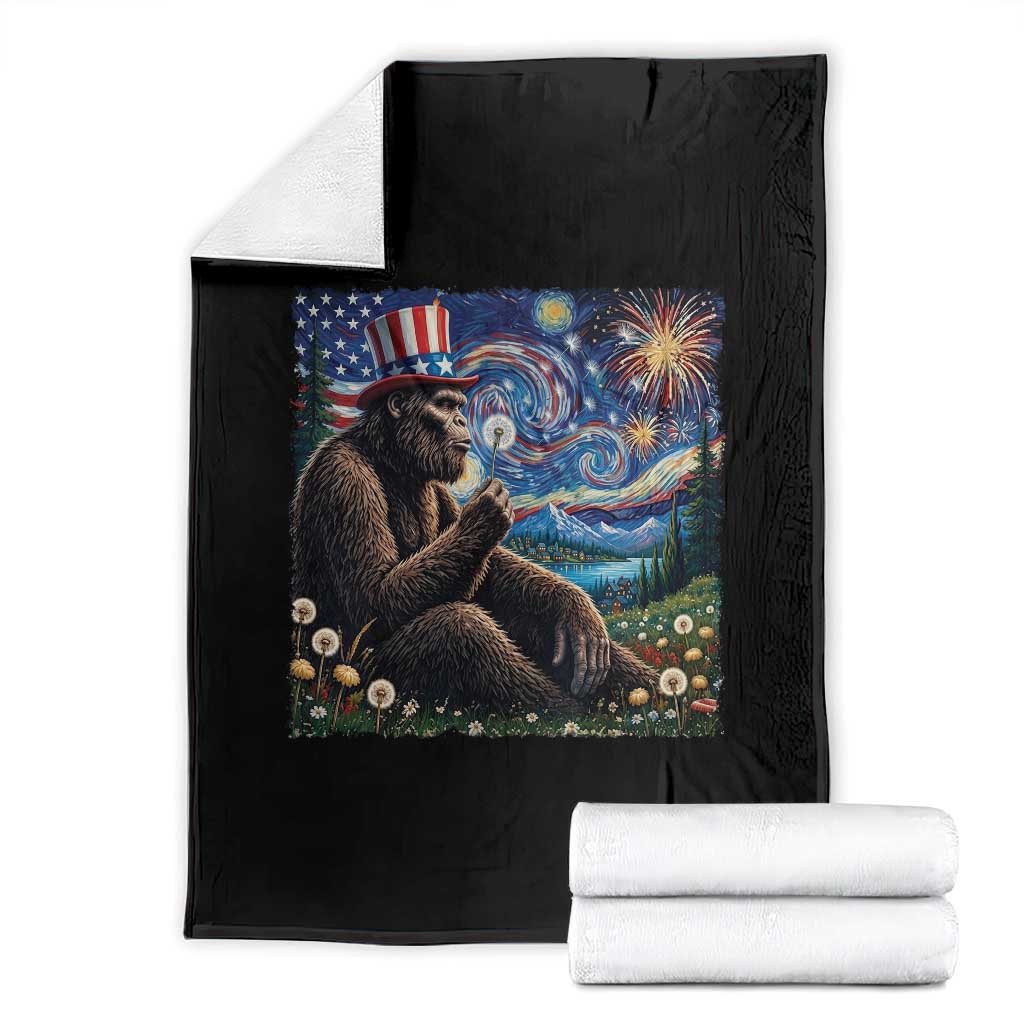 Bigfoot Blowing Dandelion Throw Blanket Sasquatch Van Gogh Starry Night 4th of July TS14 Black Print Your Wear