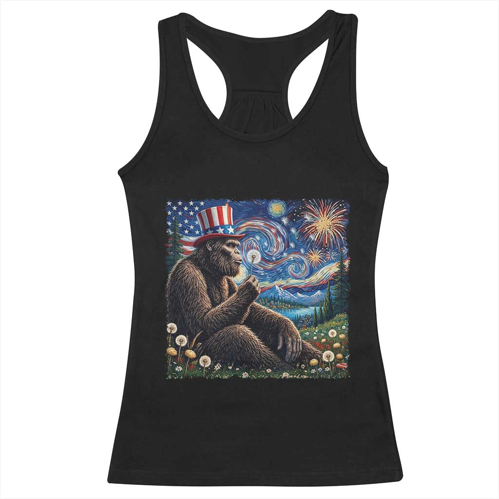 Bigfoot Blowing Dandelion Racerback Tank Top Sasquatch Van Gogh Starry Night 4th of July TS14 Black Print Your Wear