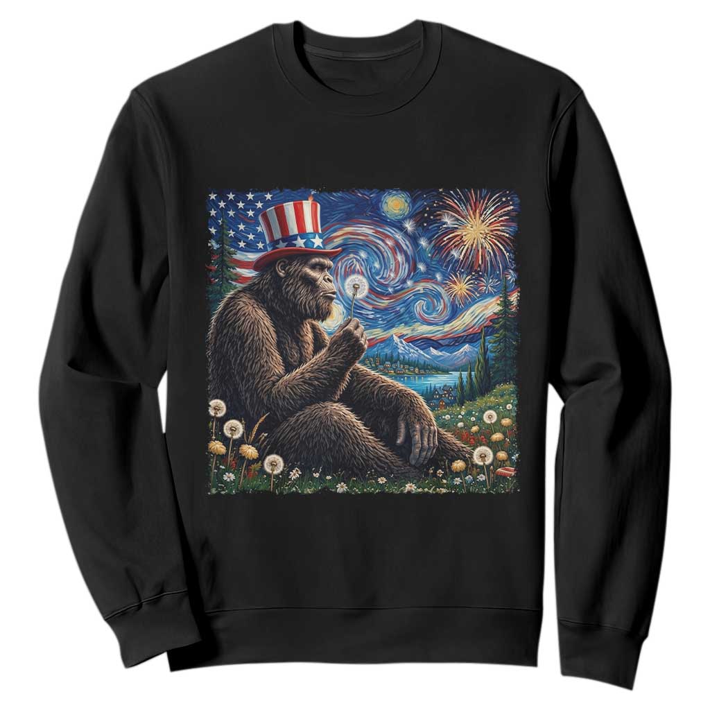 Bigfoot Blowing Dandelion Sweatshirt Sasquatch Van Gogh Starry Night 4th of July TS14 Black Print Your Wear