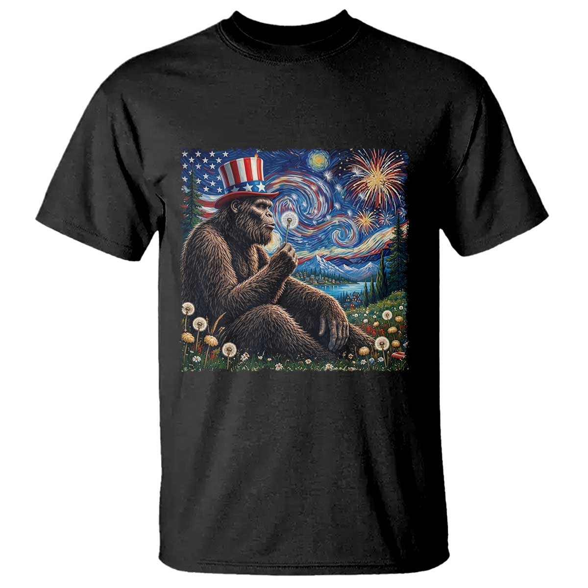 Bigfoot Blowing Dandelion T Shirt Sasquatch Van Gogh Starry Night 4th of July TS14 Black Print Your Wear